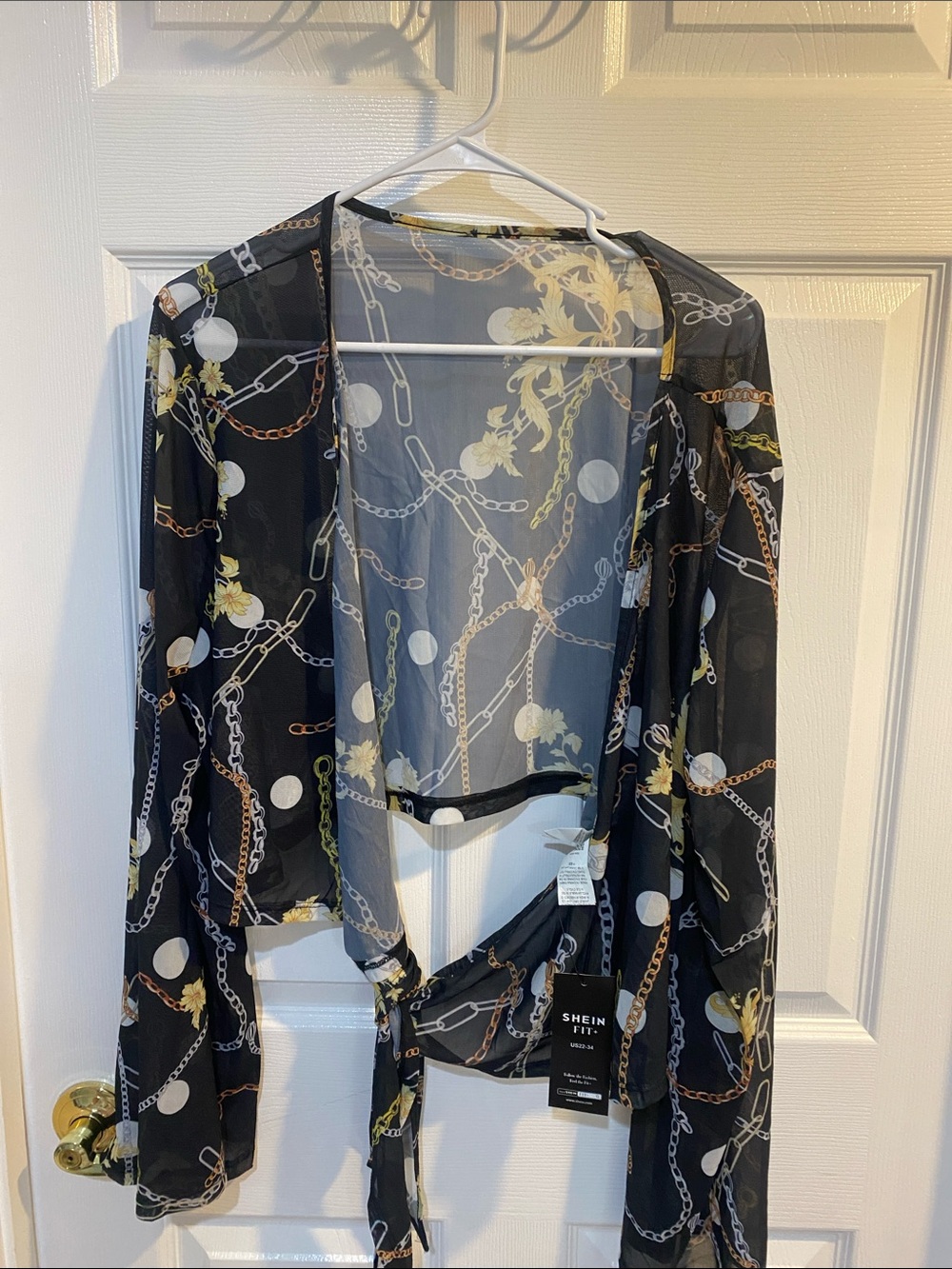 SHEIN Black Sheer Polka Dot & Chain Tie-Front Cardigan size 28-30